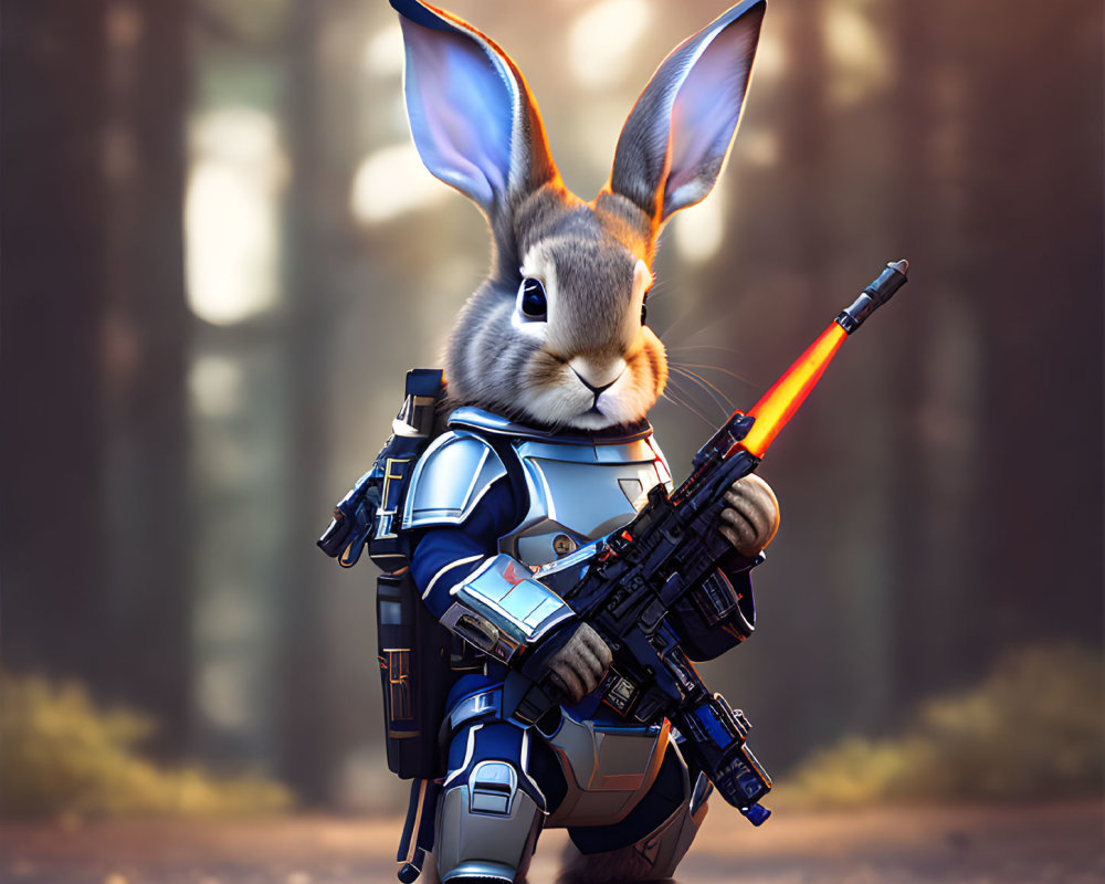 Futuristic armored rabbit with glowing red sight in ethereal forest