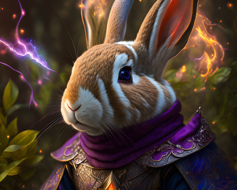 Fantasy rabbit in armor with purple scarf among mystical elements