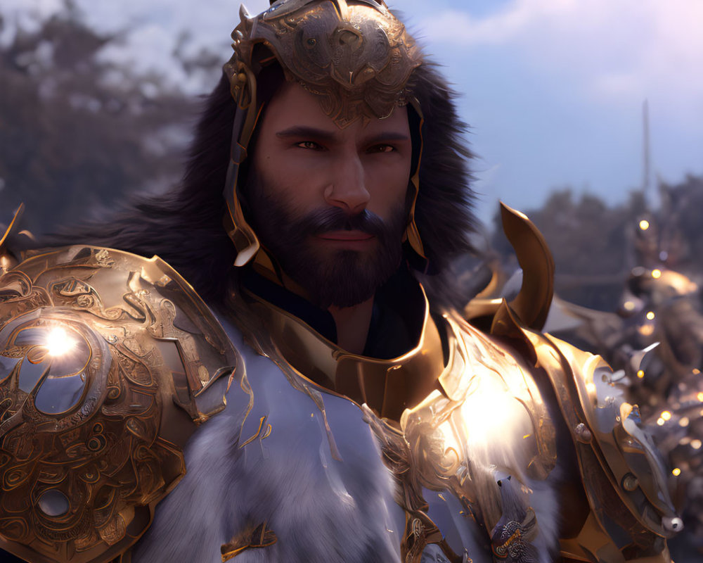 Golden armor-clad knight with lion motif helmet on blurred battlefield.