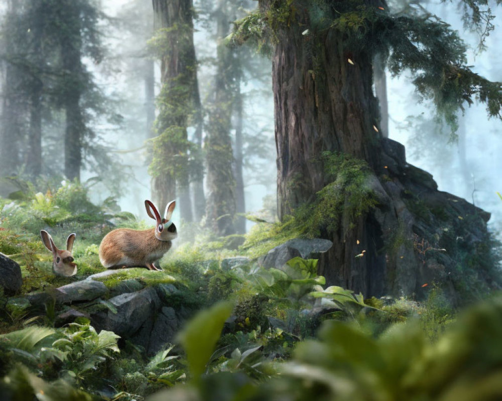 Rabbits in mystic forest with towering trees and fog