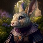 Fantasy rabbit in ornate armor with purple and gold details amid magical energy and greenery.
