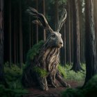 Moss-covered antlered rabbit in sunlit forest