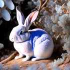 Blue and white fur rabbit in frosty vegetation portrait.