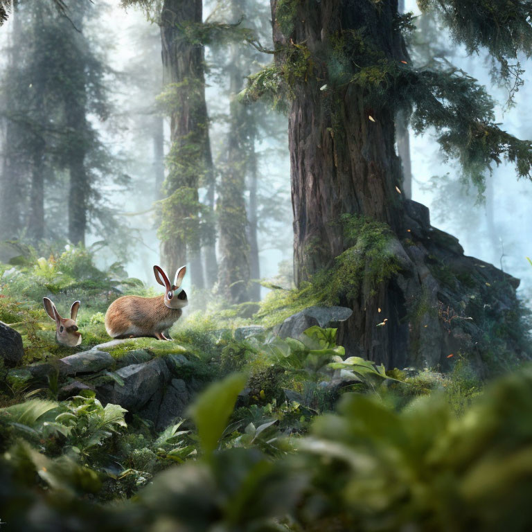 Rabbits in mystic forest with towering trees and fog