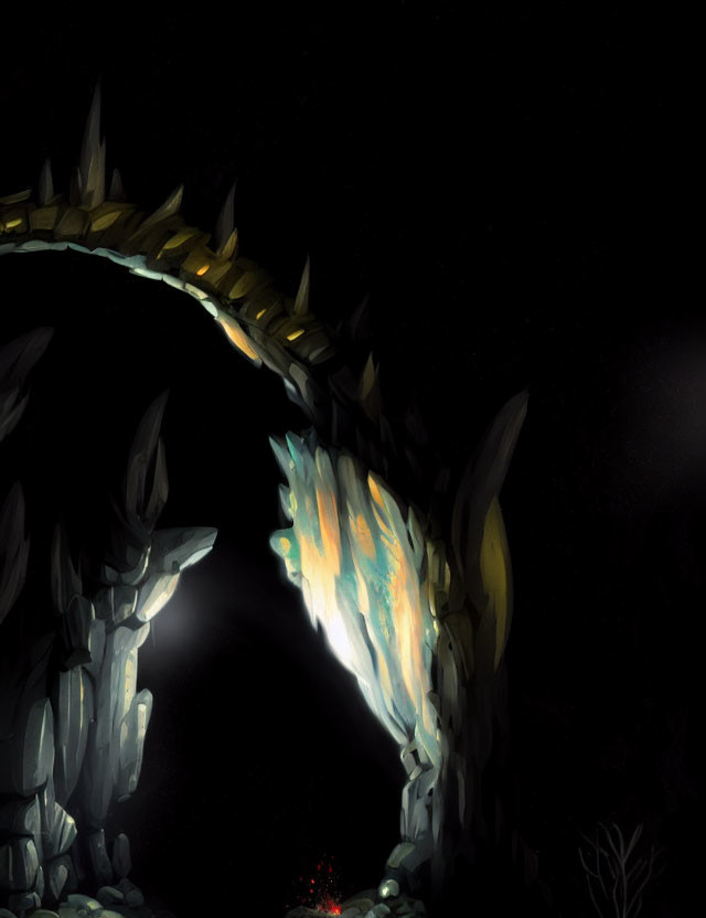 Fiery object shines under rocky arch in dark landscape