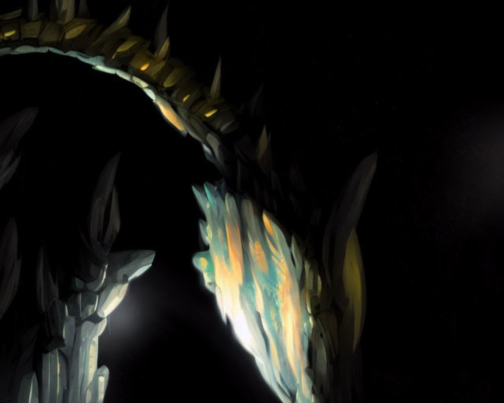 Fiery object shines under rocky arch in dark landscape
