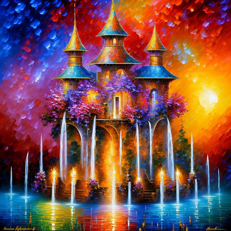 Colorful Fairytale Castle Painting with Turrets, Flowers, and Twilight Sky