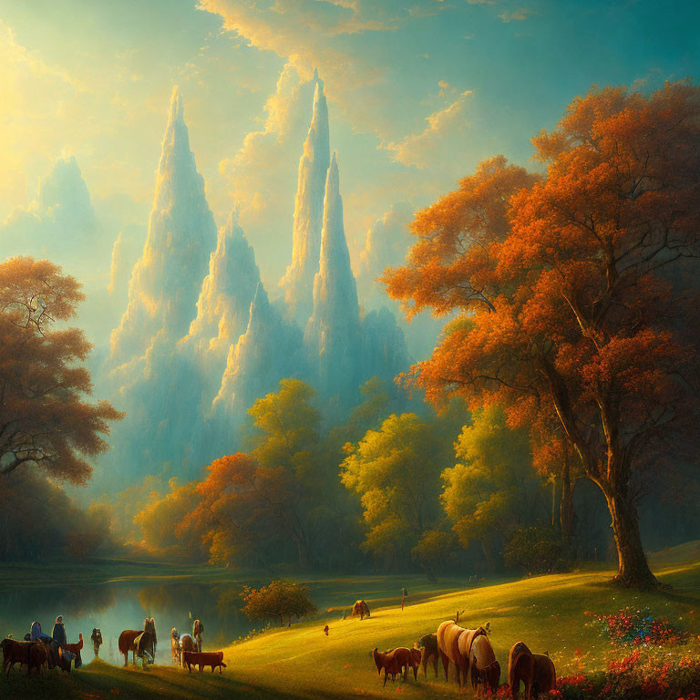 Tranquil landscape with towering spires, river, autumn tree, people, and animals