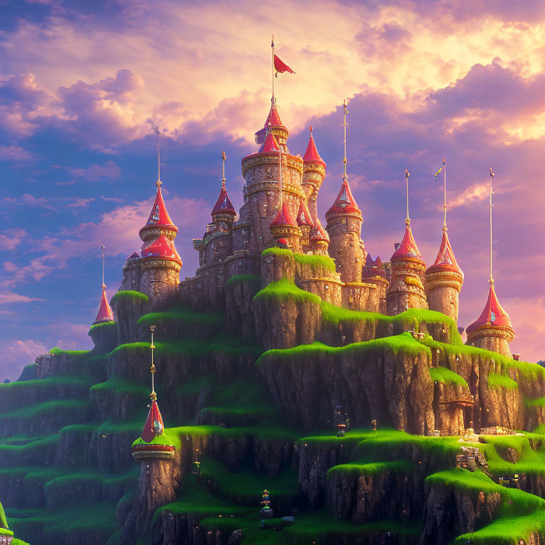 Majestic castle with spires on verdant hill under purple sky