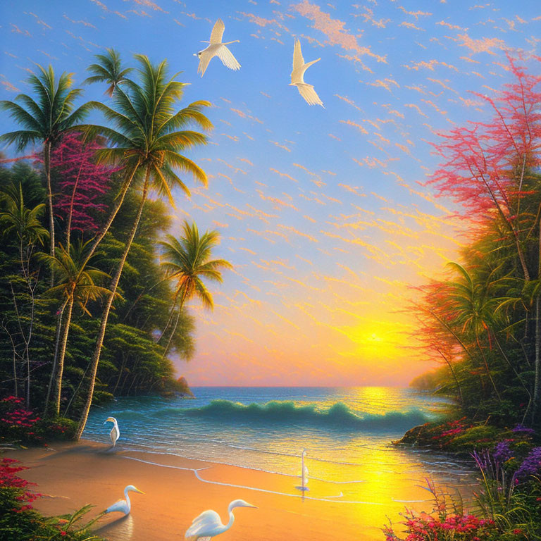Scenic tropical beach sunset with palm trees and birds
