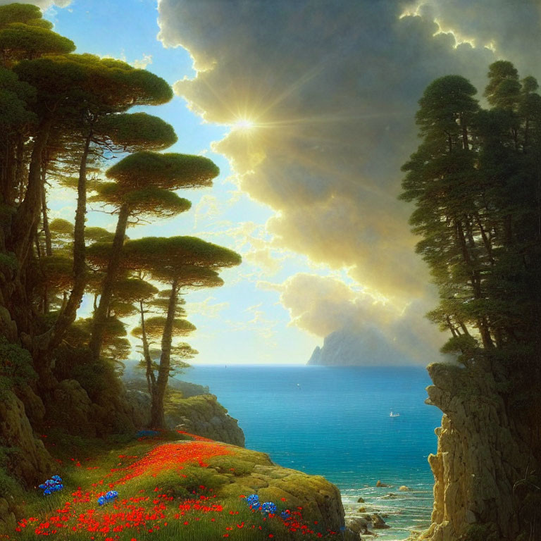 Tranquil coastal scene with tall trees, sunny sky, flowered path, and sailboats.