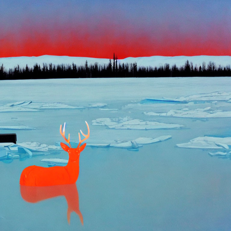 Bright orange deer with antlers in snowy landscape and red sky