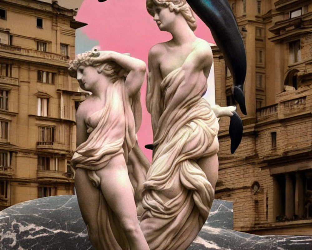 Classical statue of figures with dolphin in surreal scene against pink circle