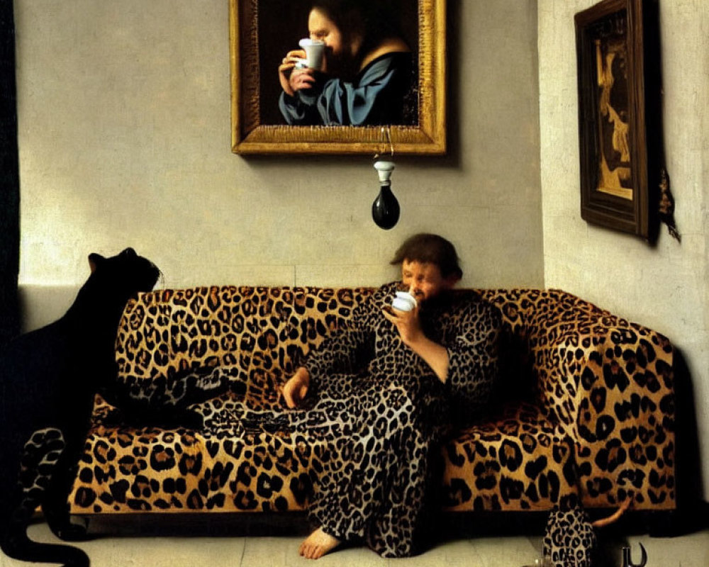 Leopard Print Pajama Person Mimics Painting Scene