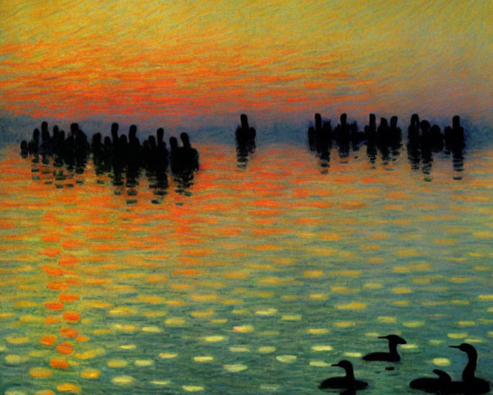 Sunset Impressionist Painting: Orange and Yellow Hues Reflecting on Water