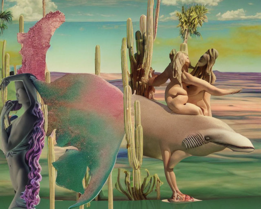Surreal Artwork Featuring Statue, Dolphin, Hybrids, and Cacti in Desert