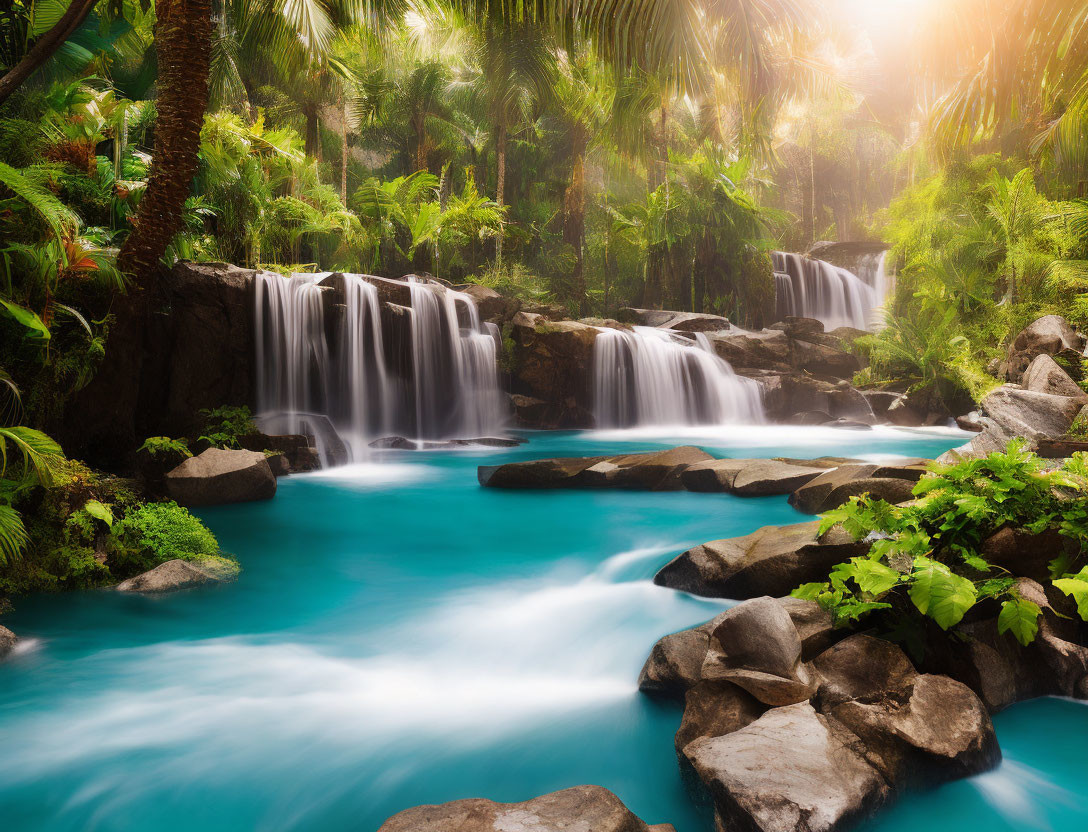 painterly tropical waterfall and relaxing pool
