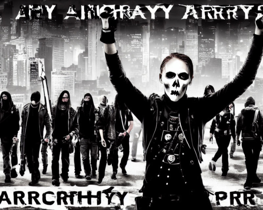 Group of People in Skull Masks with Anarchic Attire in Cityscape Background and Overlay Text