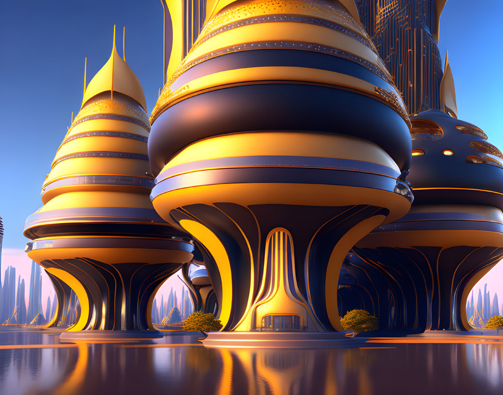 Sleek futuristic cityscape with golden accents and curved buildings at dusk