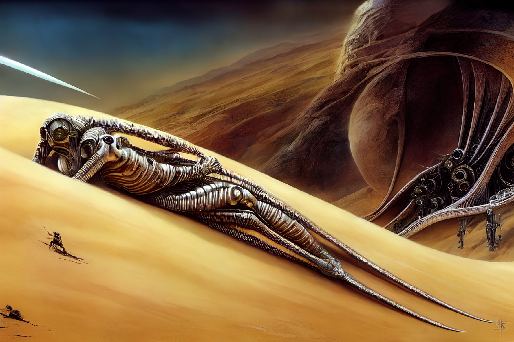 Surreal sci-fi desert landscape with biomechanical alien structures and comet