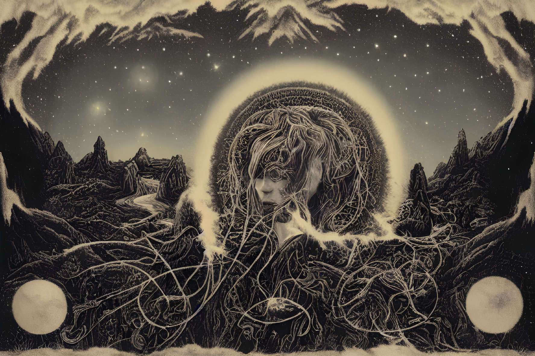 Monochromatic fantastical landscape with mountains and cosmic backdrop