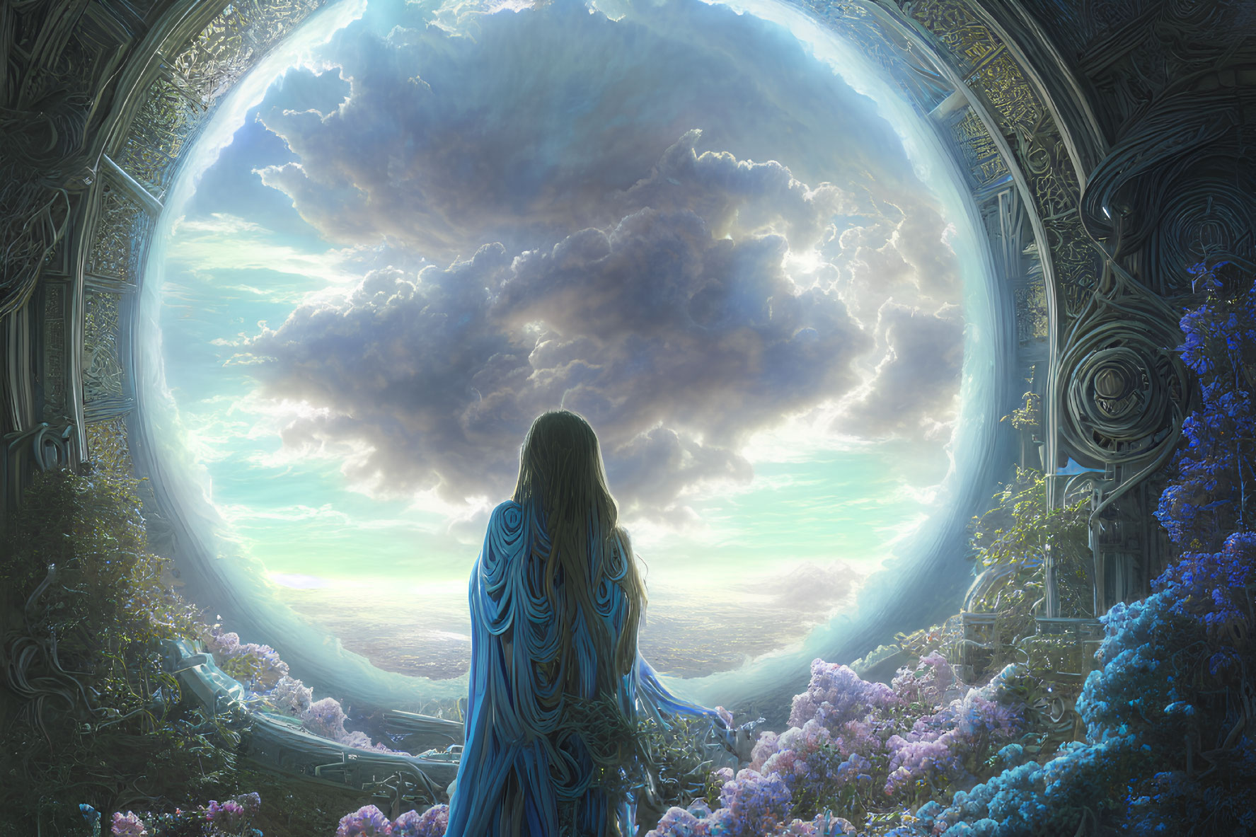 Person in Blue Cloak Standing at Ornate Archway Under Vast Sky