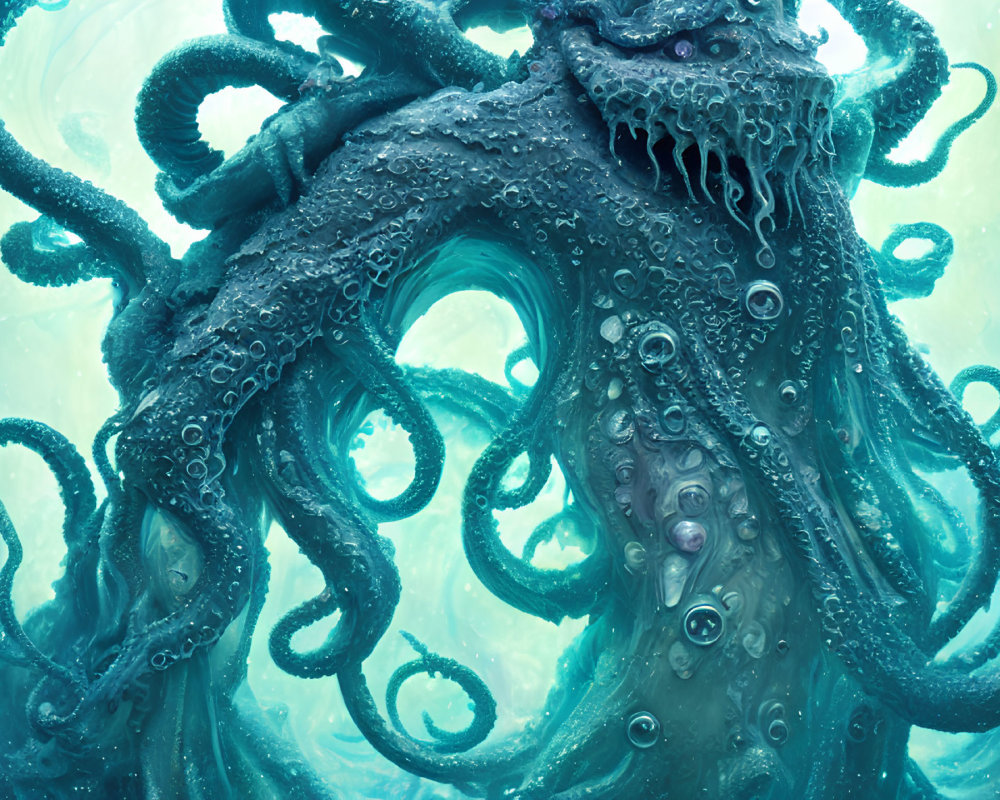 Detailed illustration of giant octopus with multiple tentacles in blue underwater setting