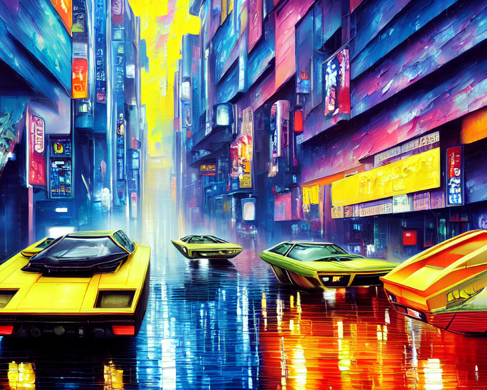 Futuristic neon-lit city street with colorful hovercars in the rain