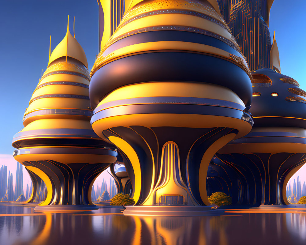Sleek futuristic cityscape with golden accents and curved buildings at dusk