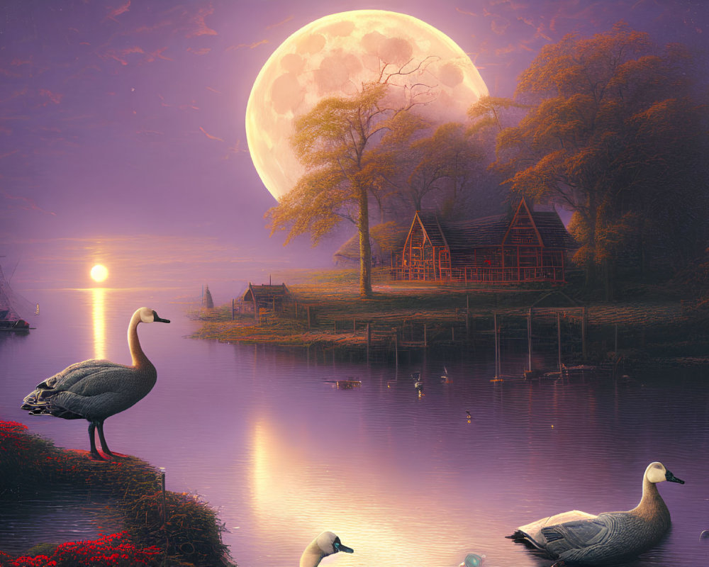 Tranquil lakeside twilight with moonrise, geese, cabin, and sailboat