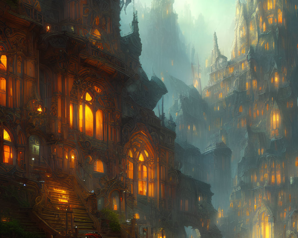 Enchanting digital artwork of intricate tree city with glowing windows, red dragon at twilight.