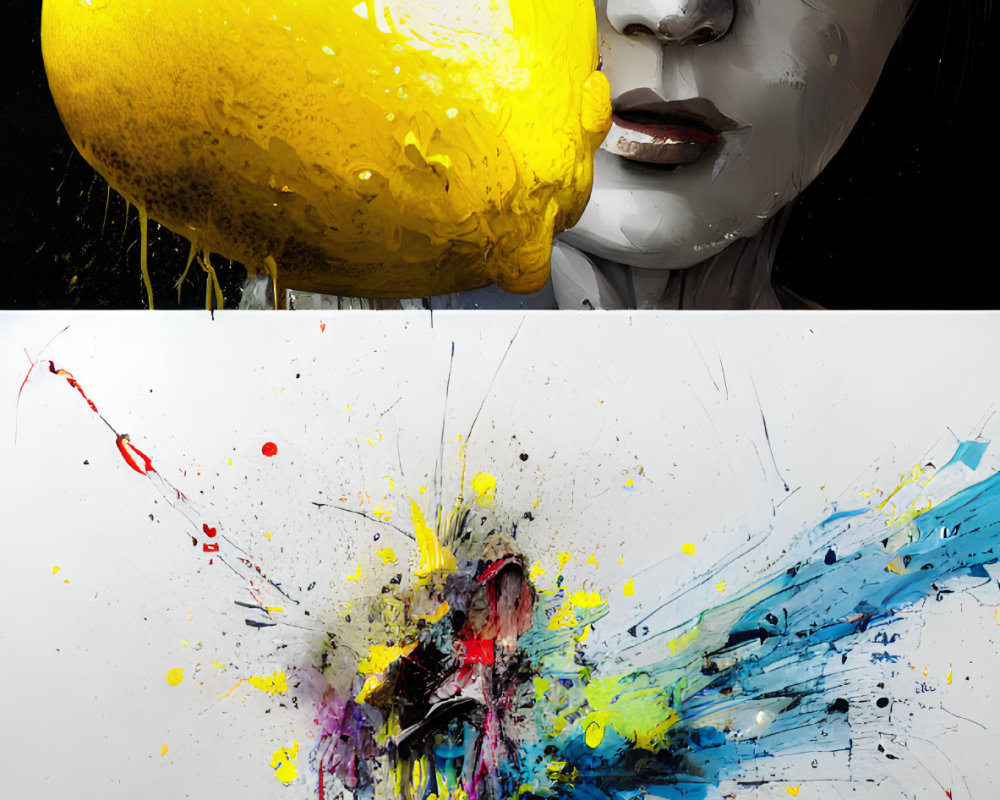 Digital artwork: Hyper-realistic lemon meets colorful explosion and lifelike face