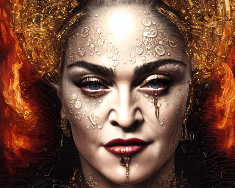 Elaborate golden headgear and jeweled makeup on woman with intense gaze against fiery backdrop