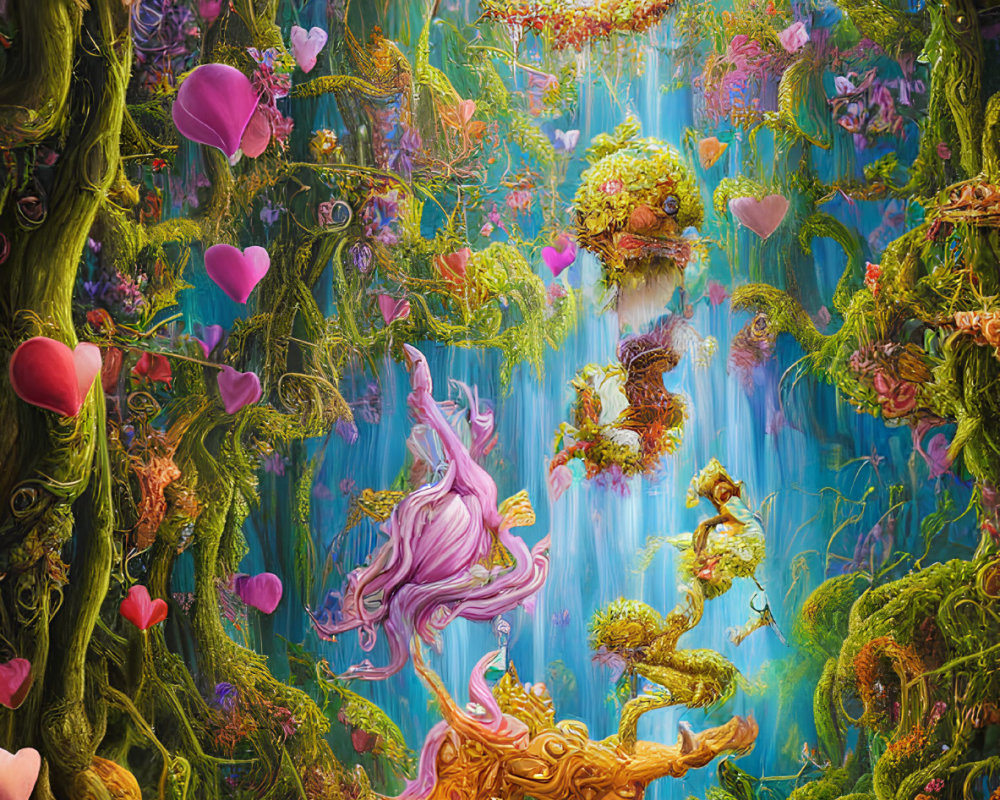 Colorful whimsical forest with heart-shaped balloons and intricate details