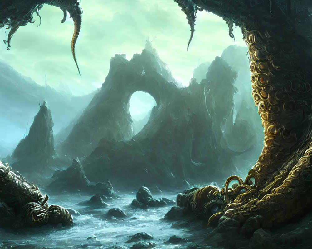 Mystical landscape with rocky formations, ocean, and tentacle-like structures