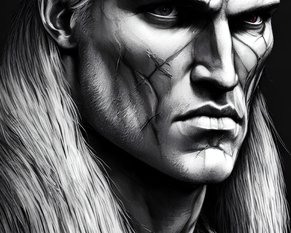 Monochrome fantasy artwork of stern male figure with white hair and facial scars