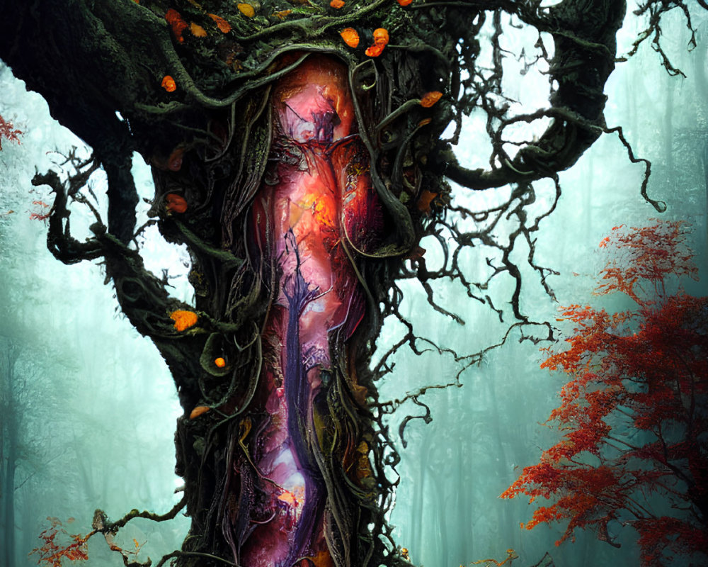 Mystical tree in ethereal forest with glowing purple hues