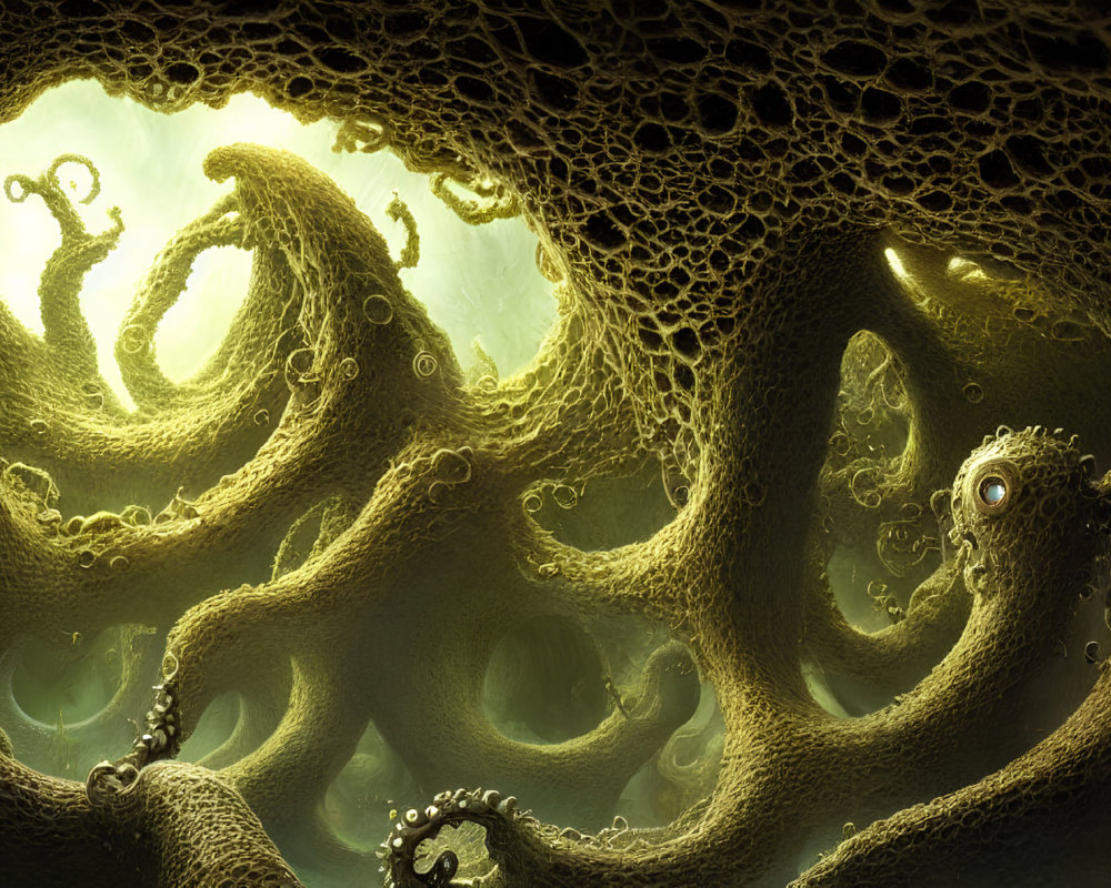 Abstract surreal image: Tentacle-like shapes in green and yellow cave