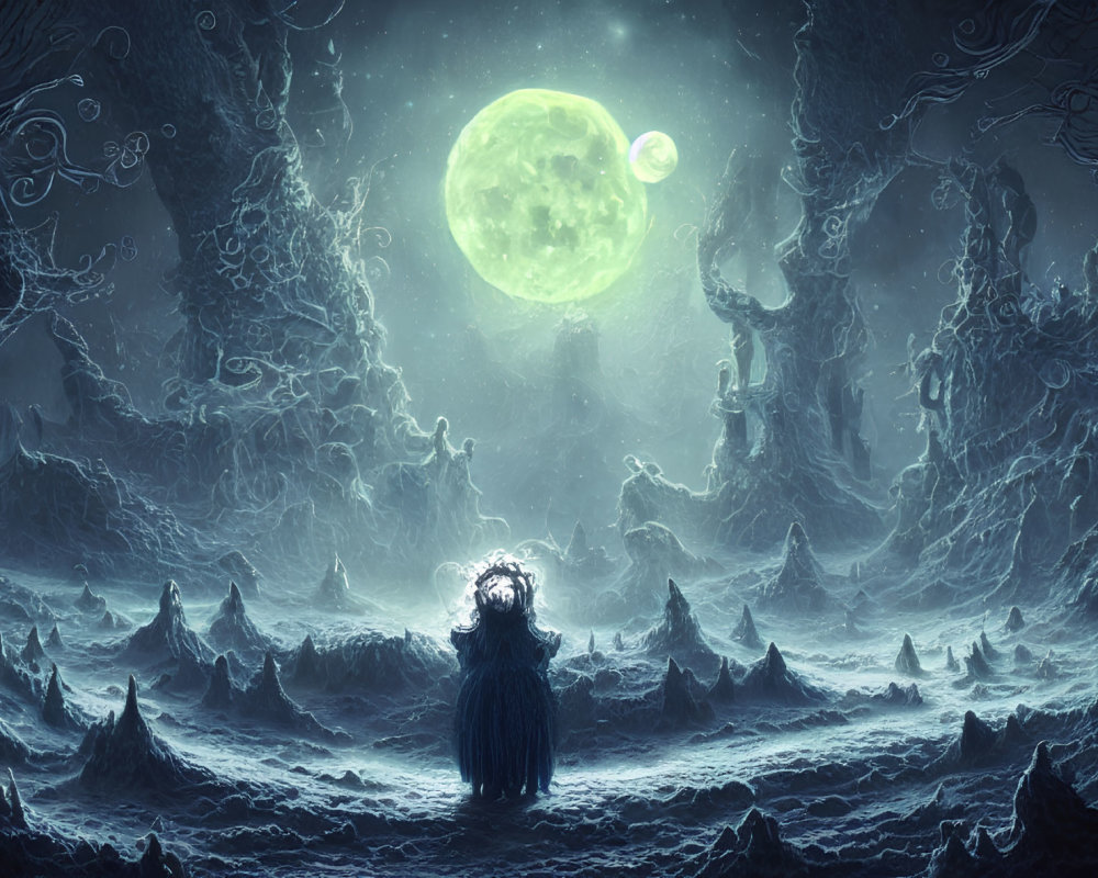 Mysterious figure in eerie moonlit landscape