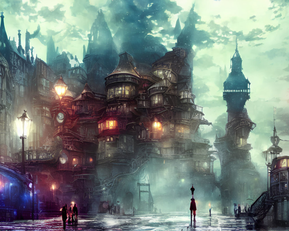 Gothic cityscape at twilight with misty ambiance and silhouetted figures