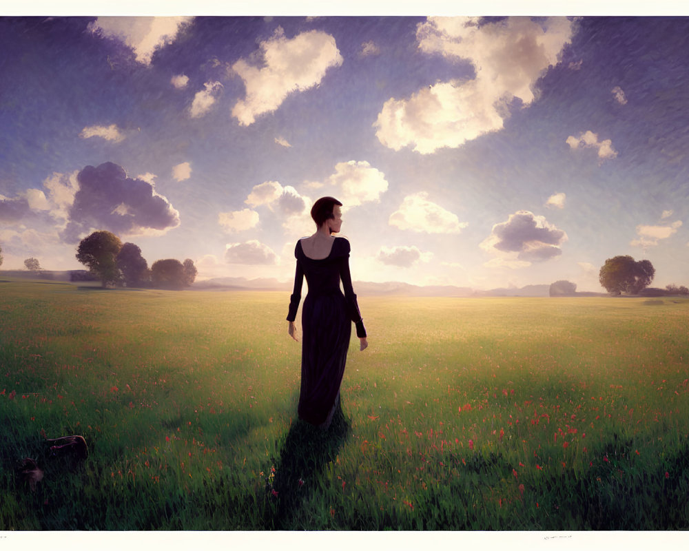 Woman in Long Black Dress Standing in Lush Green Field at Sunset/Sunrise