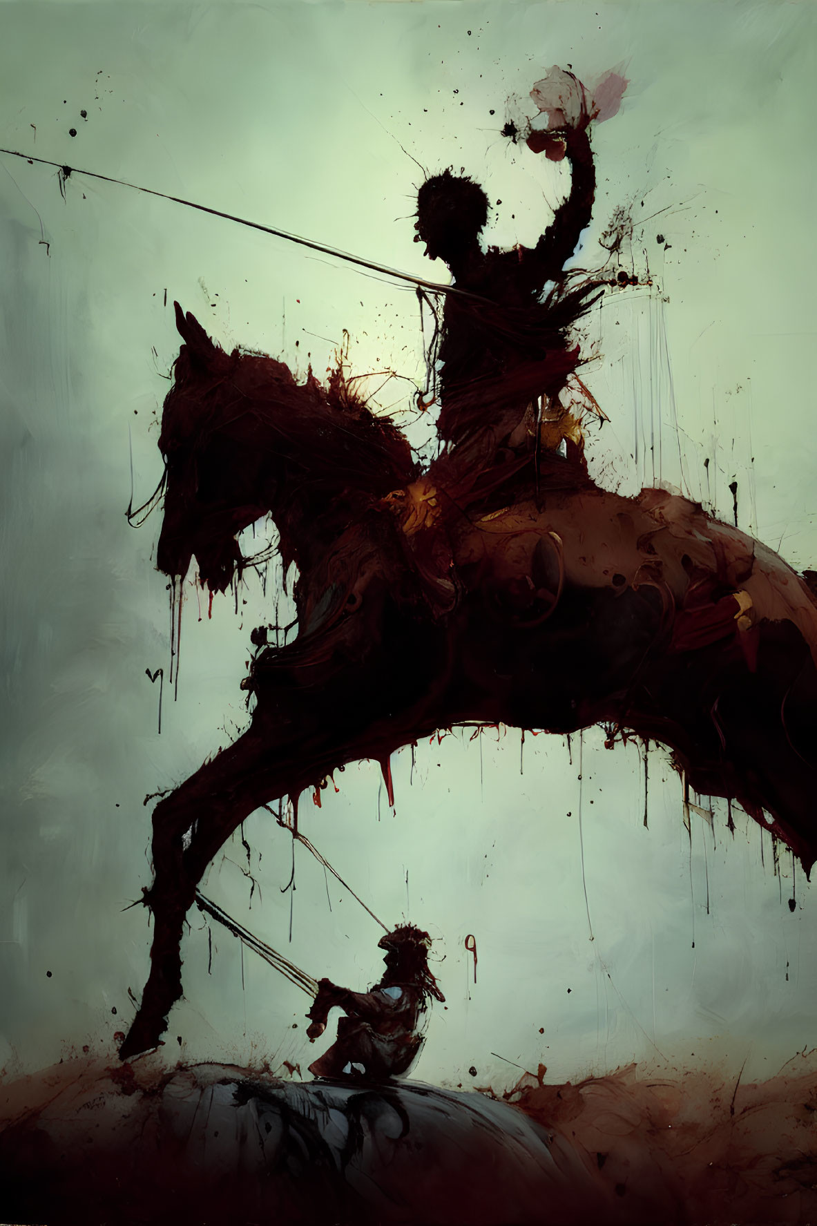Shadowy equestrian figure in motion with dark, splattered hues