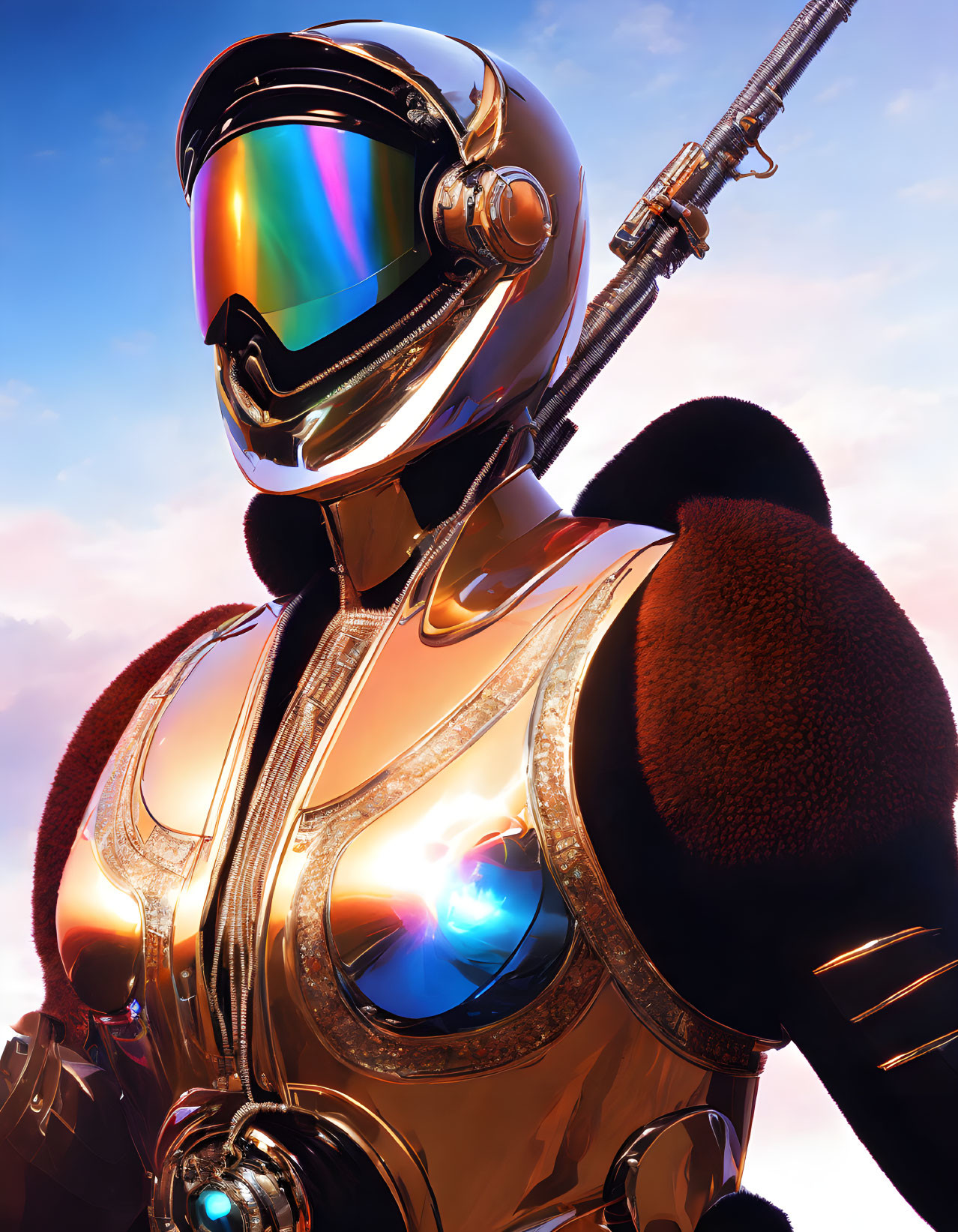 Futuristic gold-armored figure with rainbow visor helmet and high-tech rifle against cloudy sky