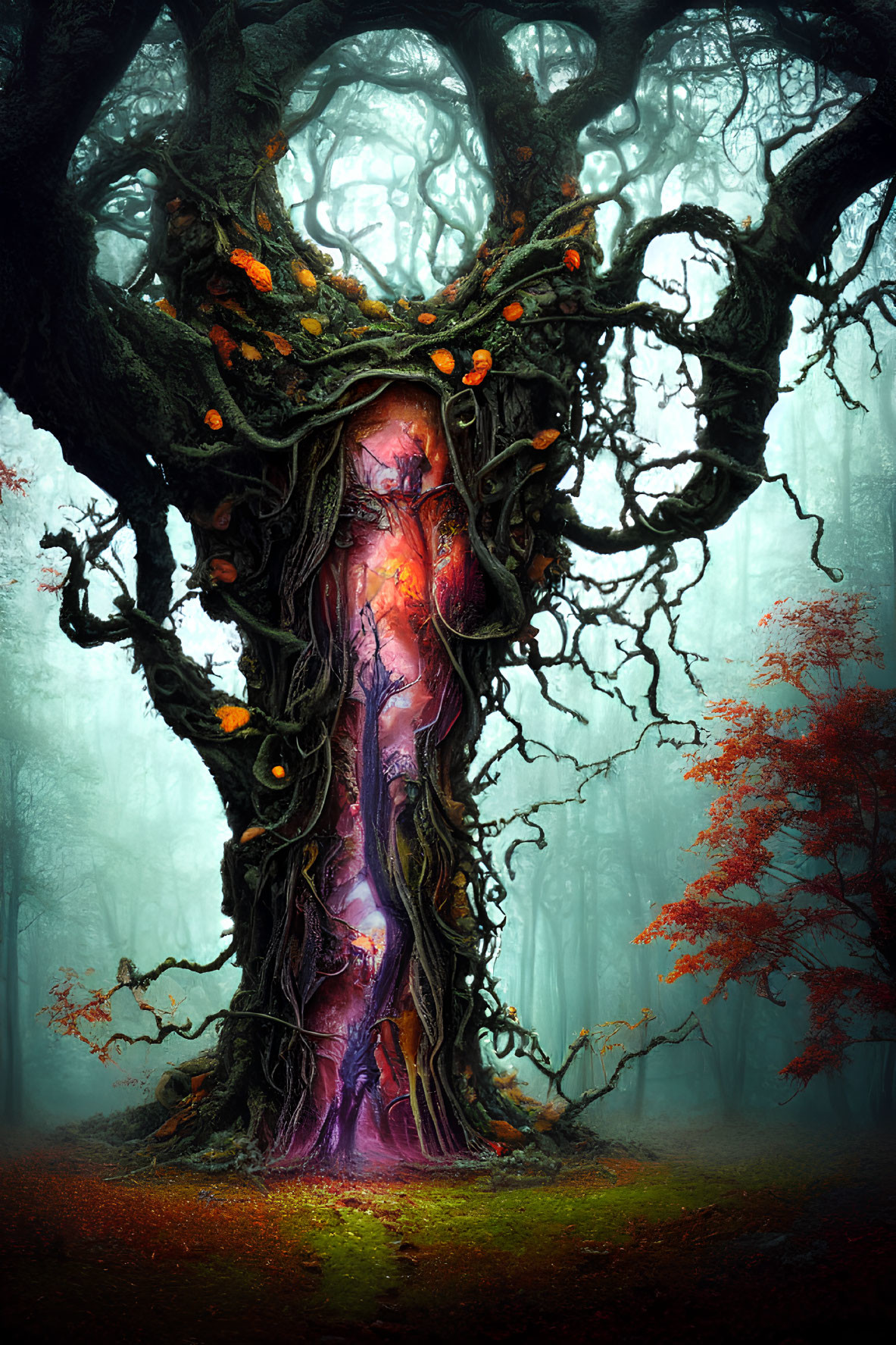 Mystical tree in ethereal forest with glowing purple hues