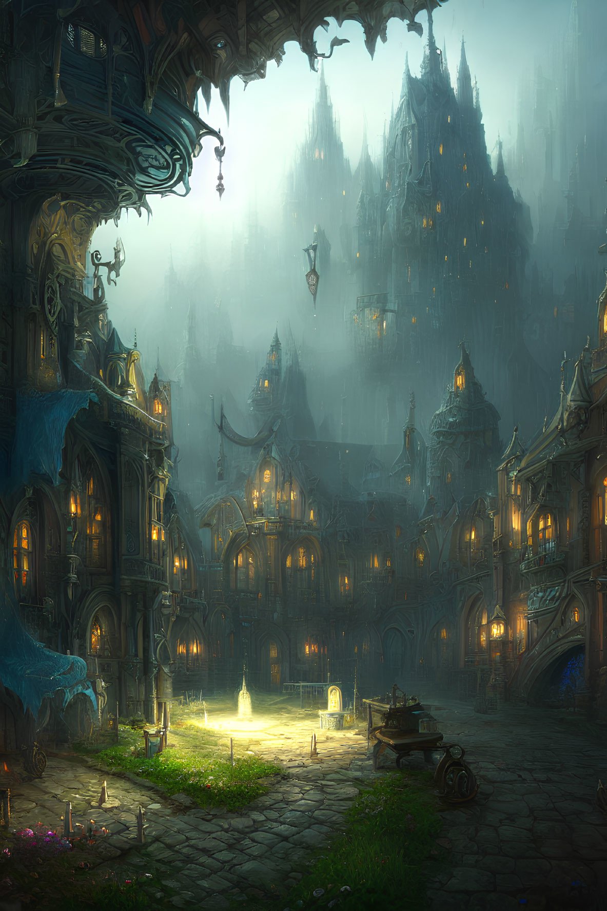 Mystical Gothic cityscape at dusk with lanterns