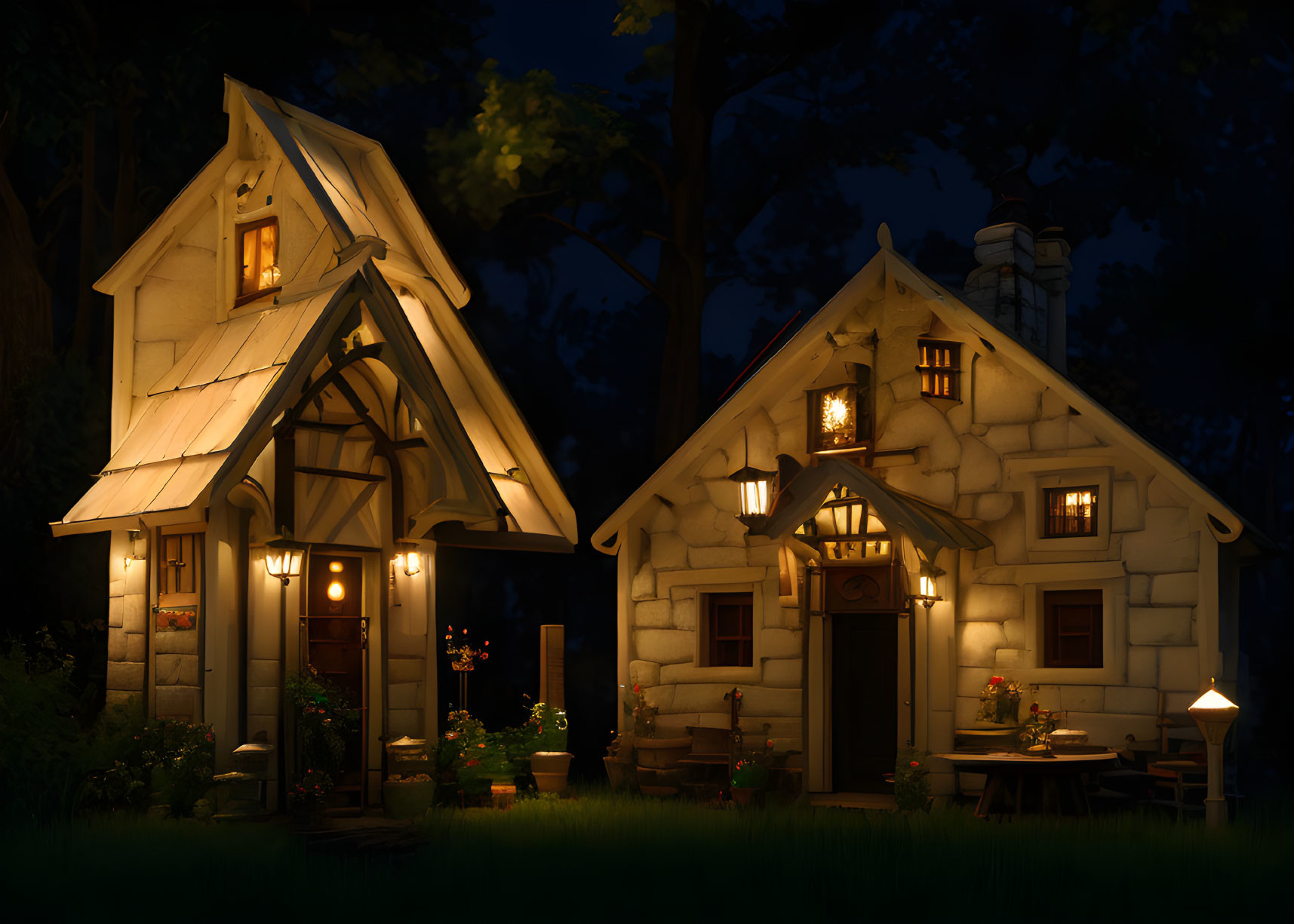 Cozy illuminated cottages in dark woods at night