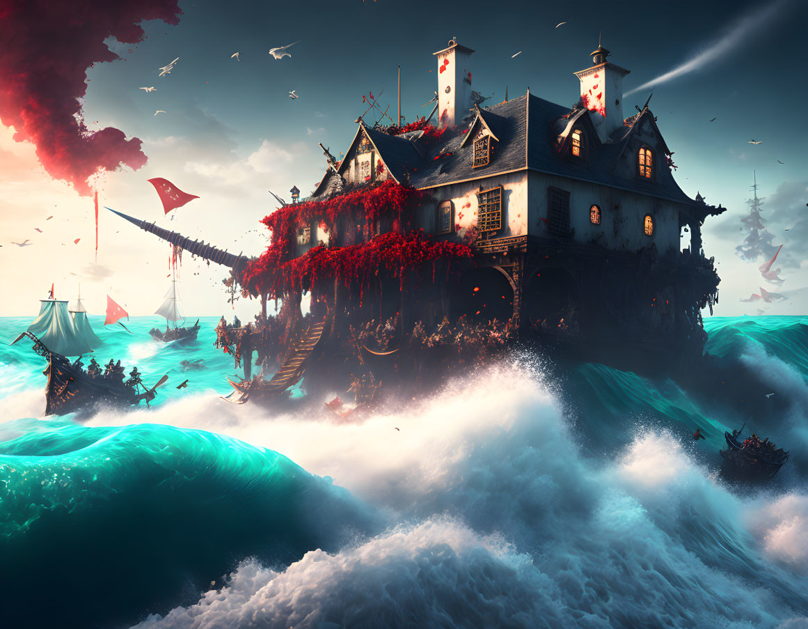 Floating house with red flowers in turbulent ocean waves and red sky