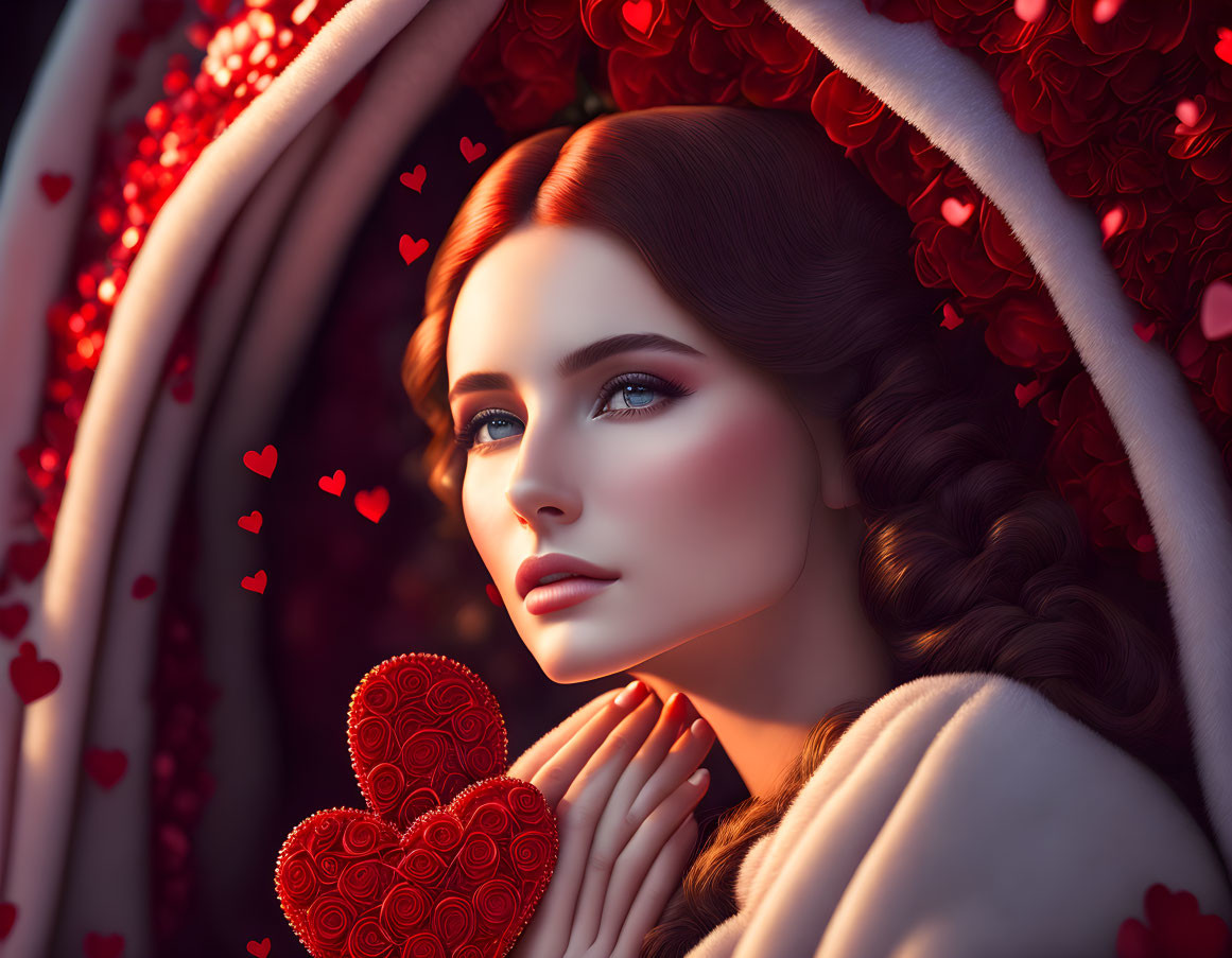 Woman with Braided Hair Surrounded by Red Roses and Hearts Holding Heart-shaped Box