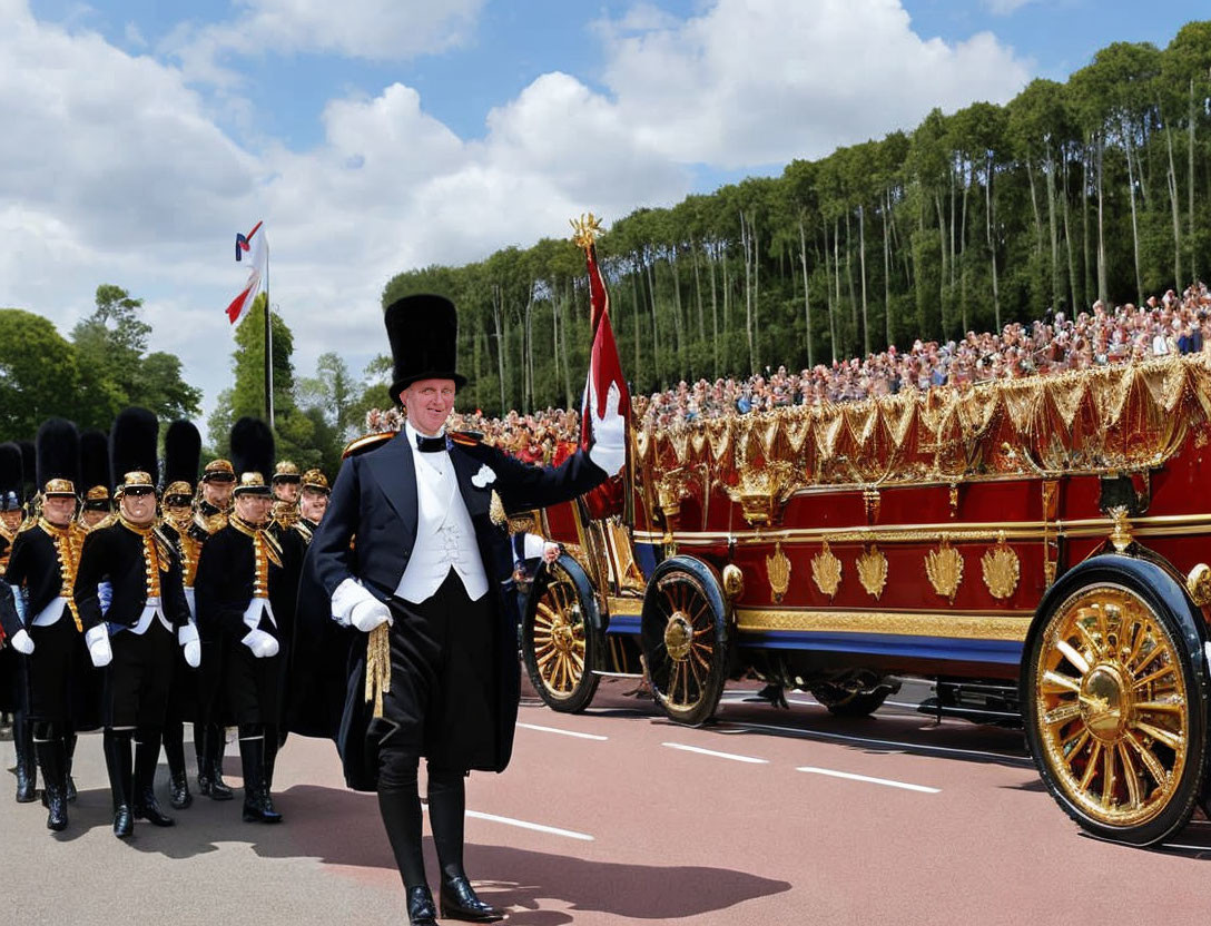 Traditional ceremonial procession with golden carriage and guards in bearskin hats