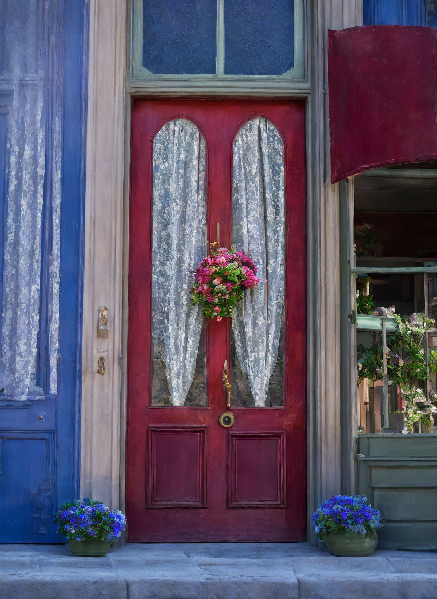 Red Door with Half-Moon Windows, Lace Curtains, Flower Basket, and Blue Flower Pots